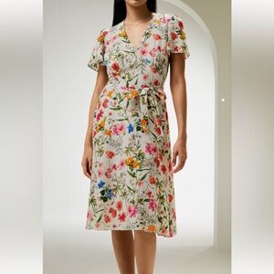 NWT LILYSILK X MIM 100% Silk Floral Short Sleeve Dress With Tie Belt